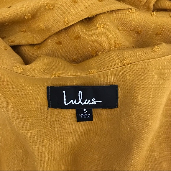 Lulus Women’s S Mustard Swiss Dot Ruffle Long Puff Sleeve Smocked Wrist Top EUC - Picture 16 of 16